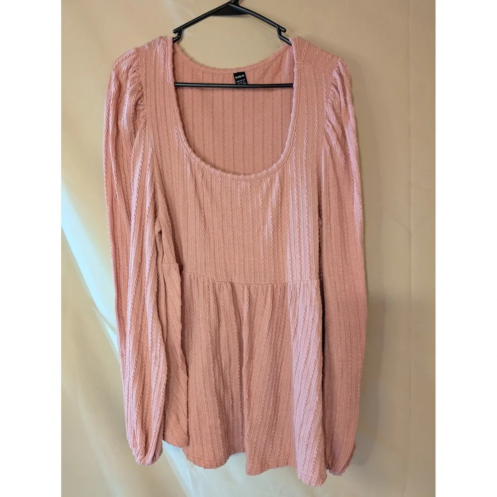 SHEIN Women's Peplum Blouse XL Pink Textured Long Sleeve Scoop Neck Top - Picture 1 of 3